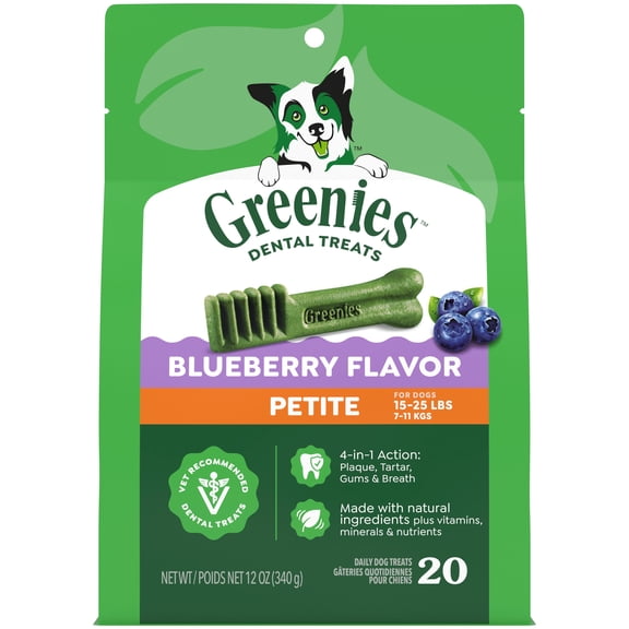 Greenies Blueberry Flavor Adult Natural Dental Dog Treats Petite Size, 12 oz Pack (20 Count)