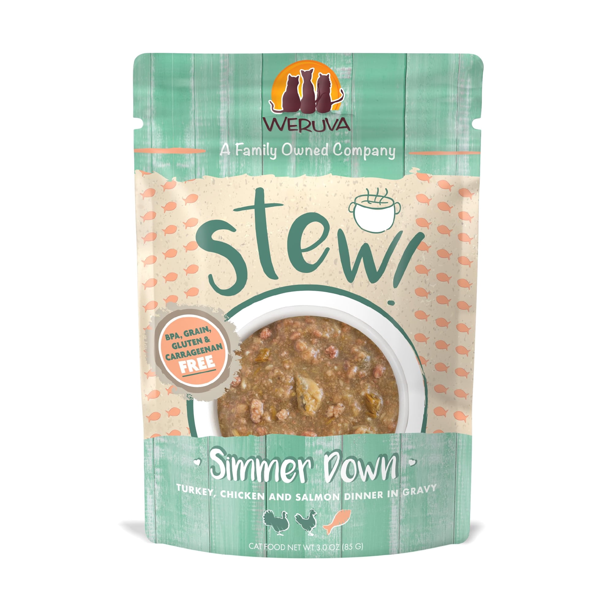 Weruva Stew! Simmer Down Turkey, Chicken and Salmon Dinner Wet Cat Food, 3 oz., Case of 12