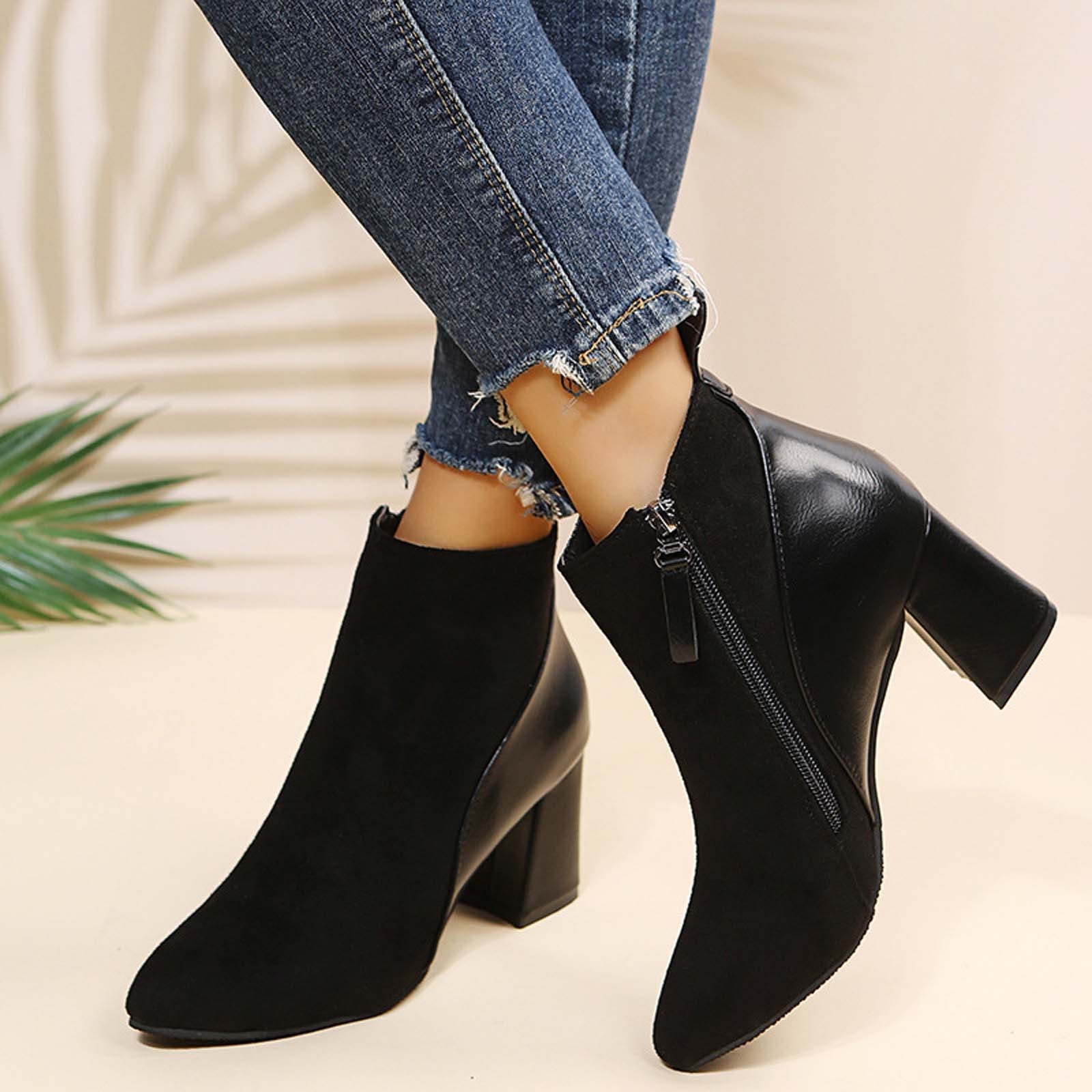 LSLJS Women s High Heels Ankle Boots Women s Winter Flock Retro Splicing Boots Chunky Heel High Heels Pointed Toe Side Zipper Boots Women s Ankle