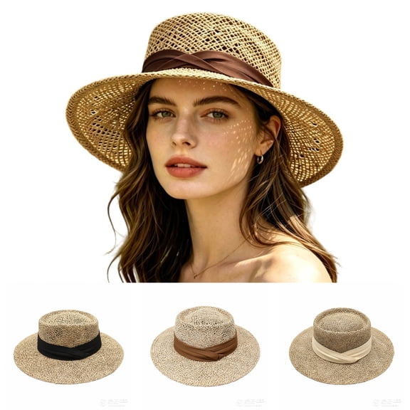 SGMVNU Straw Boater Summer Sun Hats for Women, Ribbon Wide Brim Fedora Panama Flat Top Packable Summer Beach Hat for Travel, One Size, Coffee