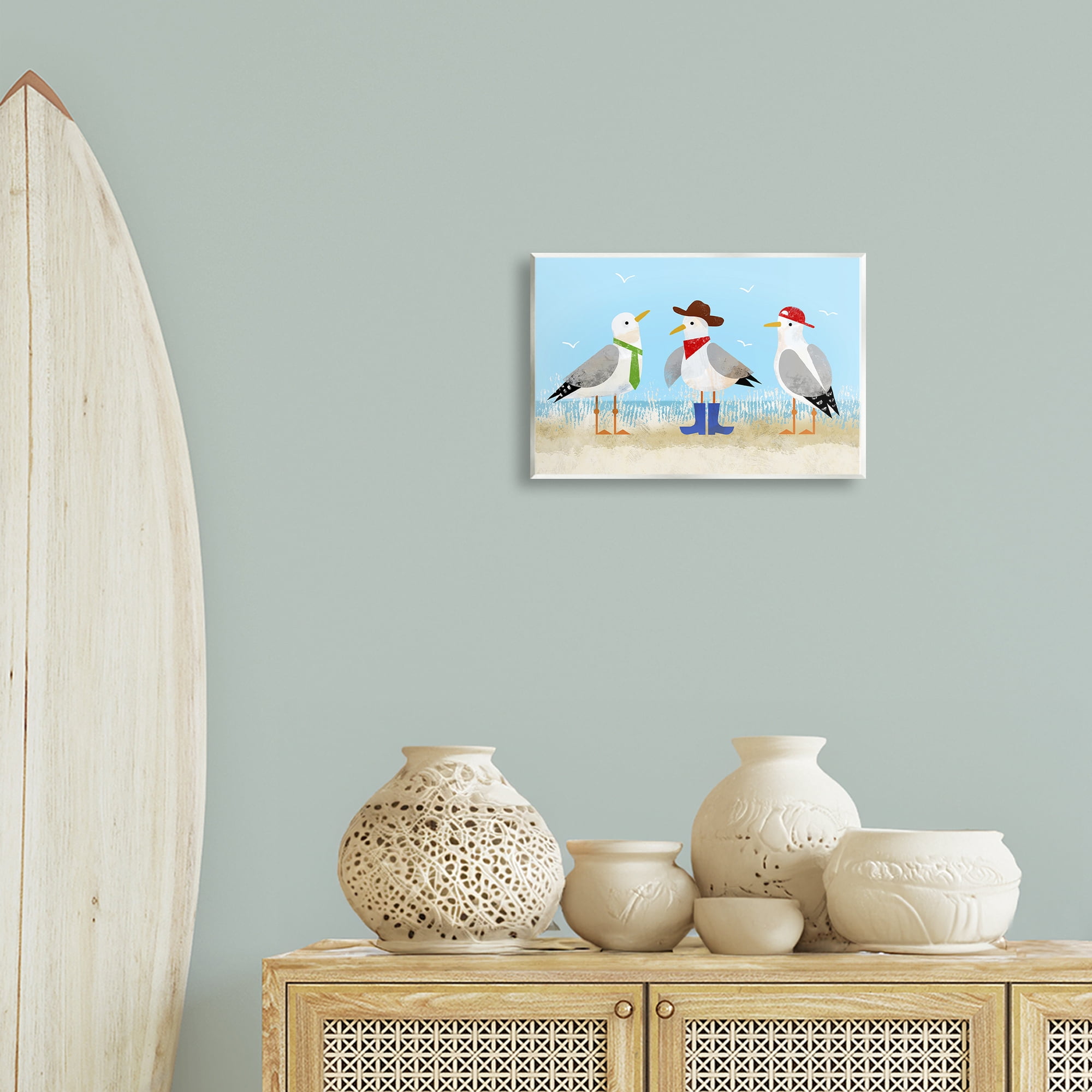 Stupell Industries Dressed Seagulls on Beach Animals Painting Unframed Art Print Wall Art, 15 x 10