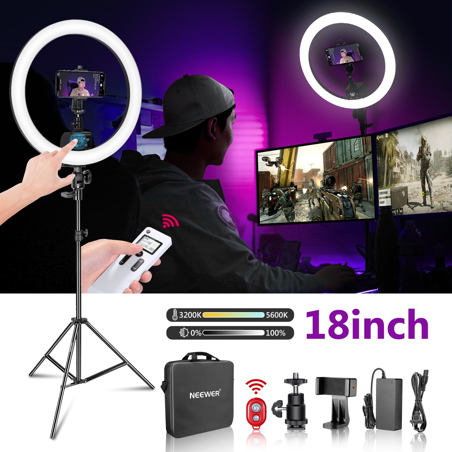 Neewer Advanced 18-inch LED Ring Light Support Manual Touch Control with  LCD Screen, 2.4G Remote and Multiple Lights Control, 3200-5600K, Stand  Included for Makeup YouTube Video Blogger Salon (Black) - Walmart.com