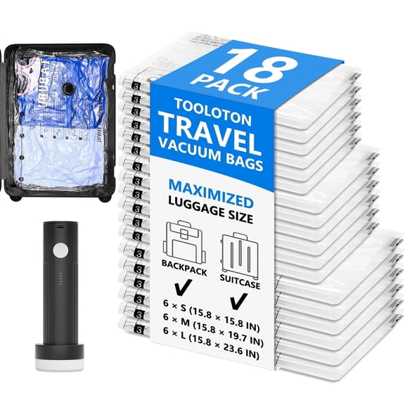 Tooloton 18-Pack Travel Vacuum Storage Bags with Electric Pump, 6L 6M 6S for Clothes & Suitcase