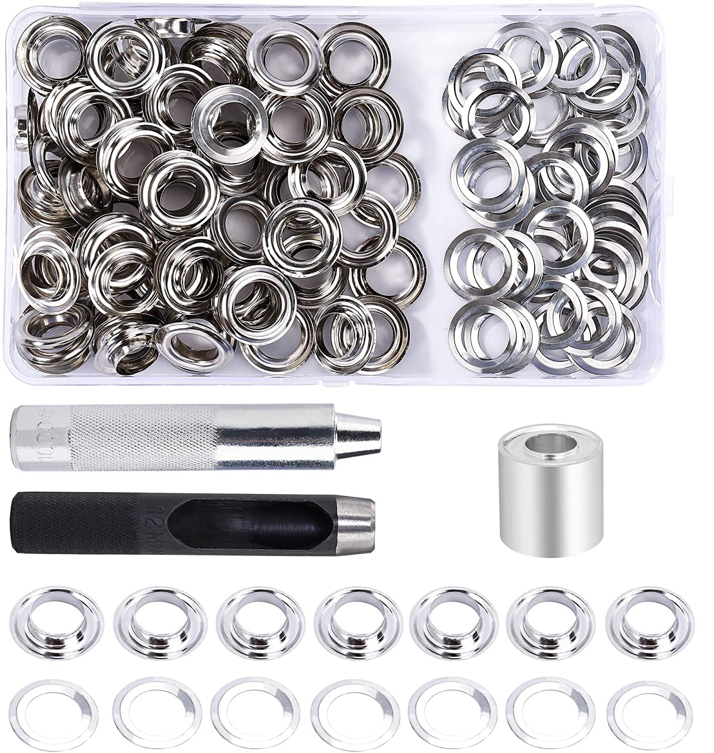 Grommet Setting Tool and 100 Sets Grommets Eyelets with Storage Box etc. Crafts Projects for Repairing Canvas Patioer Grommet Tool Kit Clothing Tents and Pool coverings 1/2 Inch Inside Diameter Diverse Combinations 