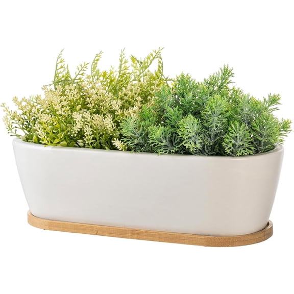 MyGift 14‑Inch Oval Matte White Ceramic Planter with Bamboo Tray – Modern Indoor Pot for Succulents, Herbs & Flowers