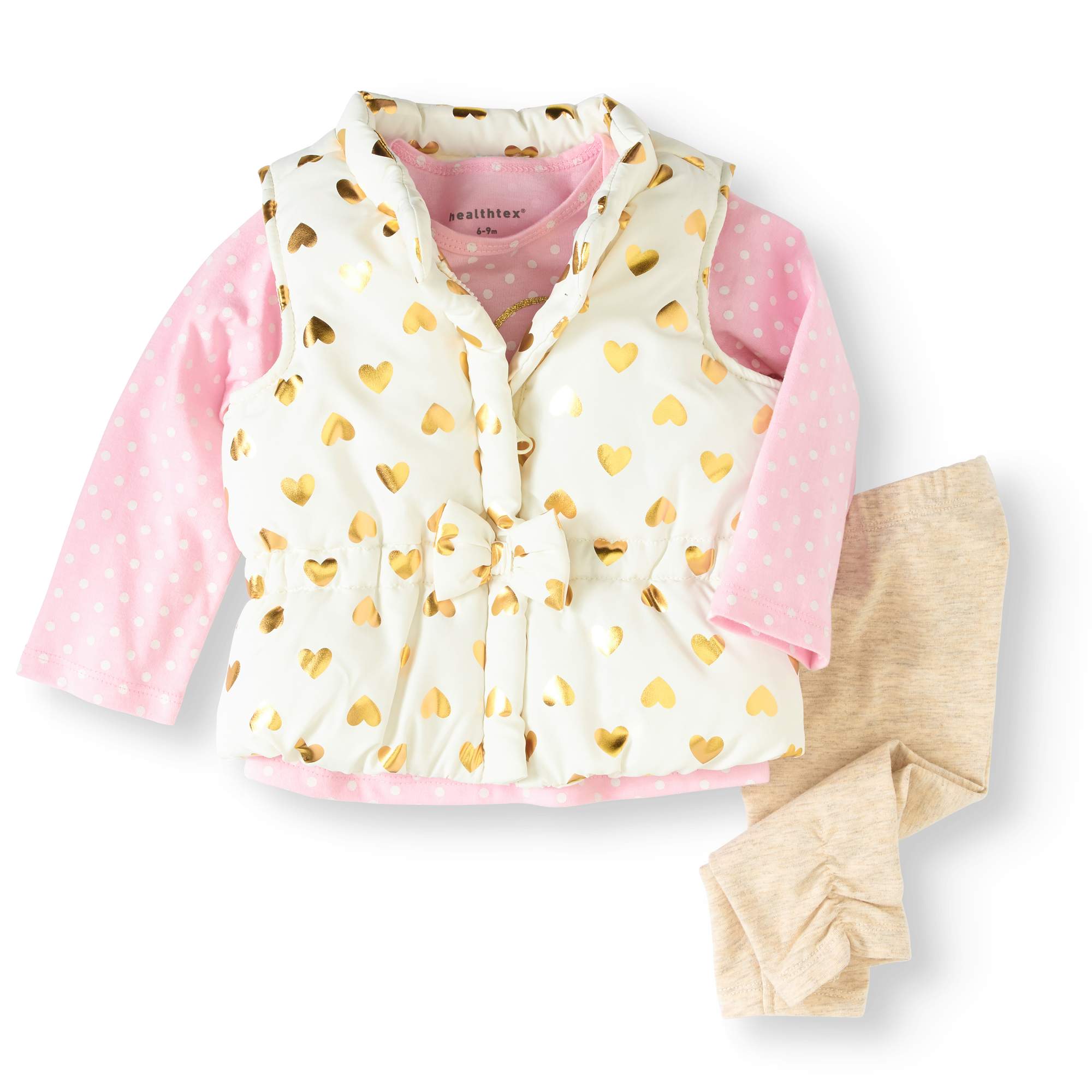 Newborn Baby Girl Bow Detail Foil Puffer Vest, Top, and Legging 3pc Set