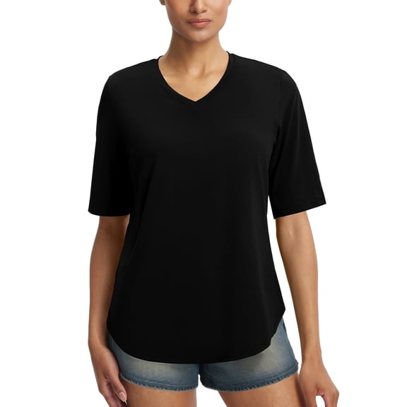 BALEAF Womens Half Sleeve Athletic Shirts V Neck Elbow Short Sleeve Workout Tops UPF 50 Sun Protection UV Yoga Running Black L