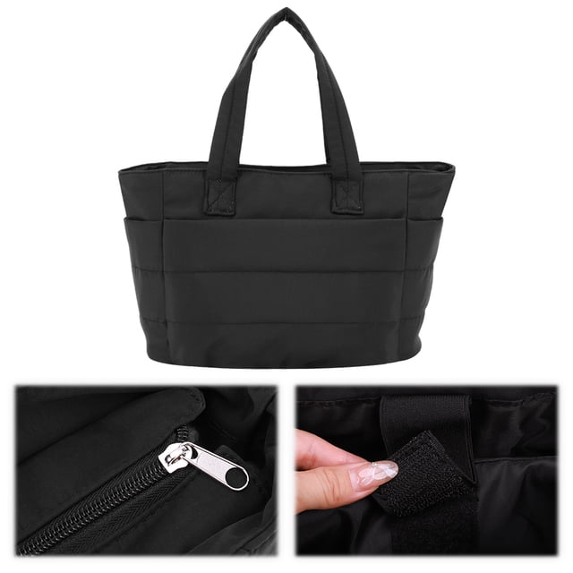 bolso hombro acolchado hilo bordar ropa algodón esponjoso gran capacidad un — bolso bandolera acolchado negro, vista frontal centrada con asas dobles; silueta tipo tote con paneles acolchados horizontales; nylon exterior y forro según especificación; dimensiones aprox. 49 x 35 x 16 cm (19.3 x 13.8 x 6.3 in); primeros planos muestran cremallera metálica y cierre de velcro en bolsillo interno; bolsa para mujer adecuada para compras y viajes.