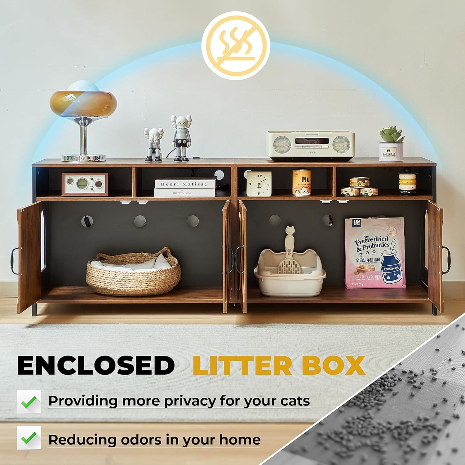 JanflyHome Cat Litter Box Furniture, 63 Inch TV Stand 2 Cats Double Litter box Enclosure Hidden Washroom TV Stand, Vintage Brown