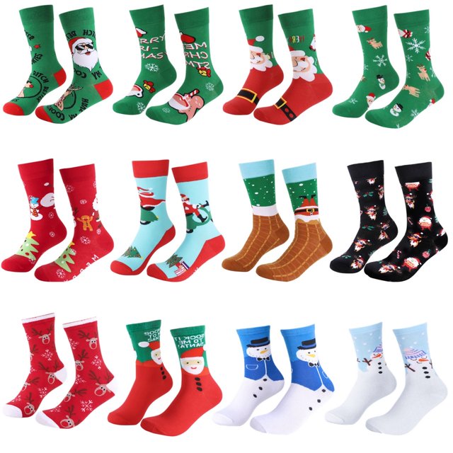 12 pares de calcetines navideños, calcetines festivos de Navidad para mujer, adorables calcetines navideños de Papá Noel, muñeco de nieve, renos, calcetines elásticos para regalo de Navidad