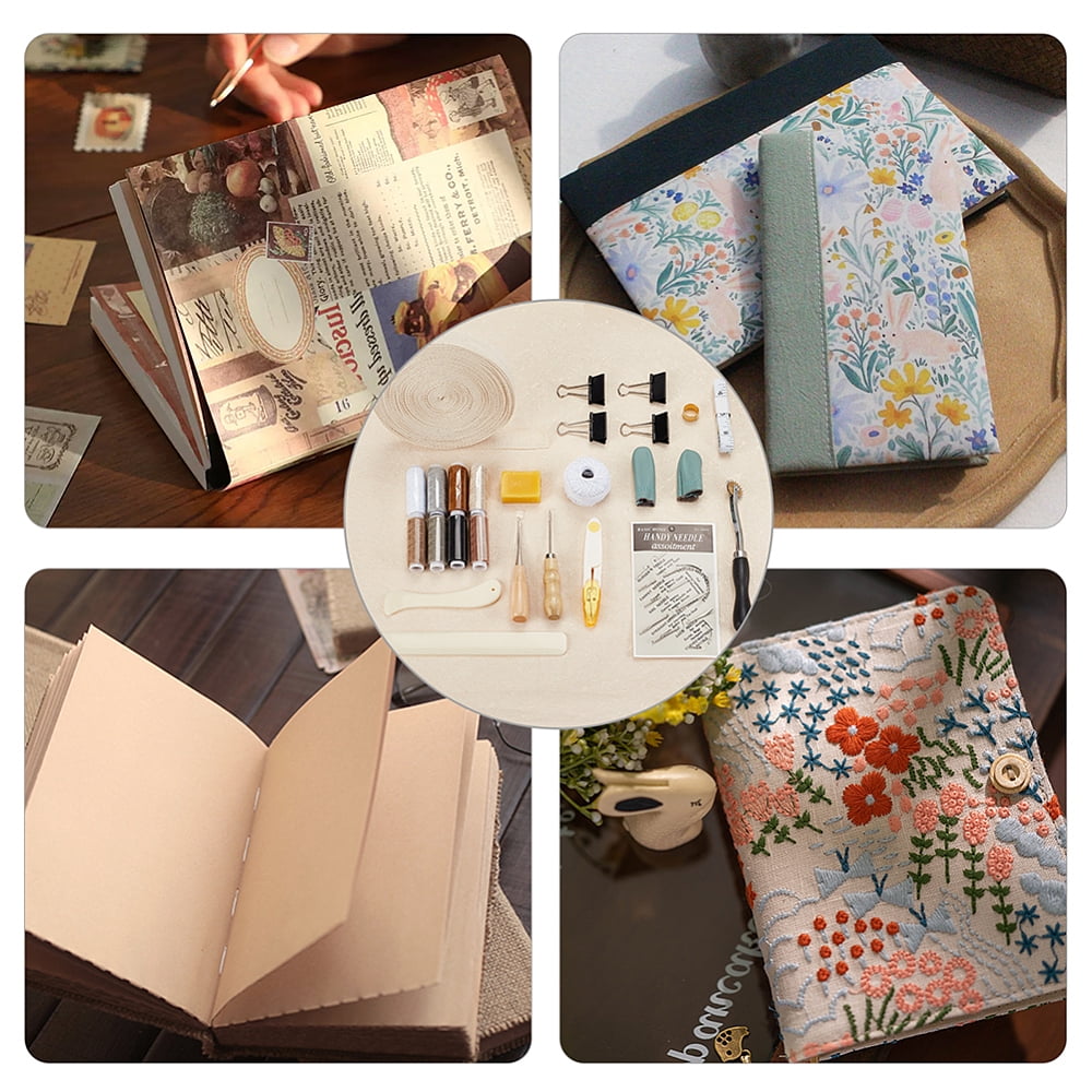 Book Binding Tool Kits Bookbinding Starter Tools Set with Needles Scissor Awl Tracing Wheel Tape Measure Thimble Cotton Threads Ribbon
