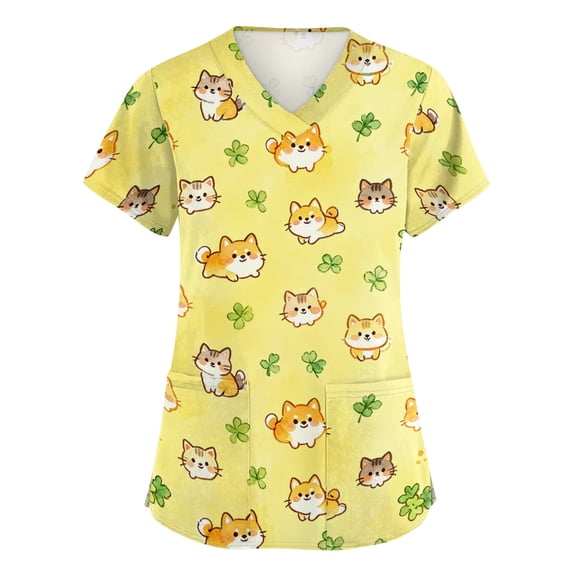 Womens Scrub Tops Working Uniform V Neck Short Sleeve Multi Pocket Shirts