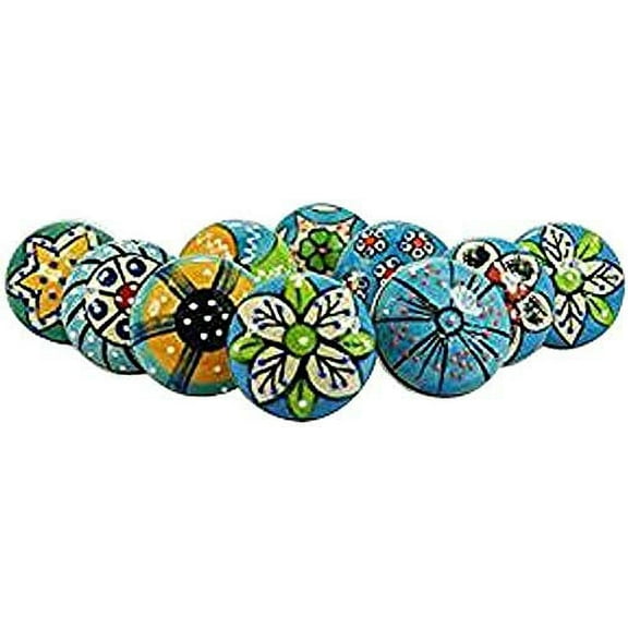 DORPMARKET 10 Pieces Set of Sky Blue Color Ceramic Knobs Drawer Pulls with Different Design & Chrome Hardware