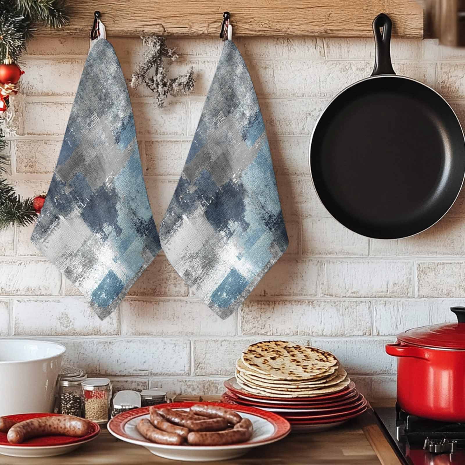 Navy Blue Grey Kitchen Towels Set of 2, Modern Oil Painted Abstract Art Aesthetics Soft Microfiber Dish Towels, Absorbent Washable Dishcloths for Kitchen Cleaning, Drying Dishes, 18x28 Inches