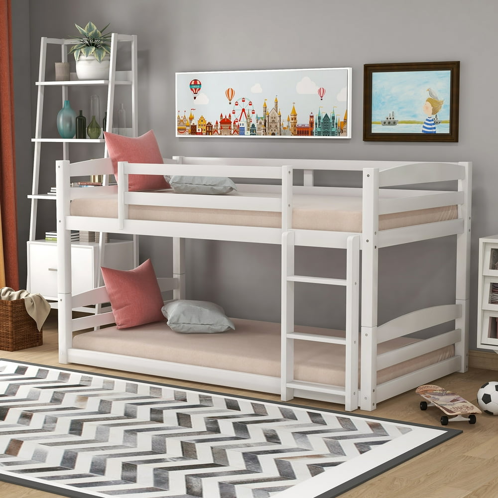 Merax Twin Over Twin Floor Bunk Beds with Ladder and Guardrail