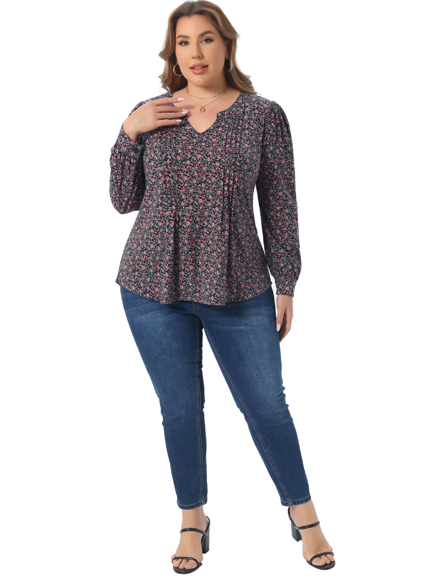 DARING DIVA Women's Plus Pleated Notch V Neck Floral Tunic Blouse 3X Pink Blue