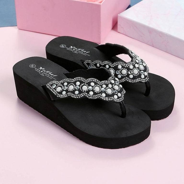 KIJBLAE Women's Summer Rhinestone Beaded Wedges Flip Flops KIJBLAE Women's Summer Rhinestone Beaded Wedges Flip Flops