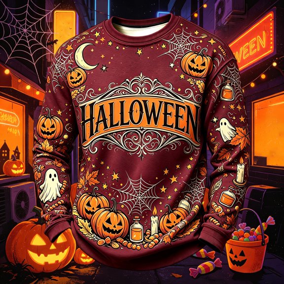 Men Halloween Sweatshirt Scary Novelty Casual Vintage Long Sleeve Crew Neck T-Shirts Fall Winter Fashion Breathable Comfortable Top Wine XL
