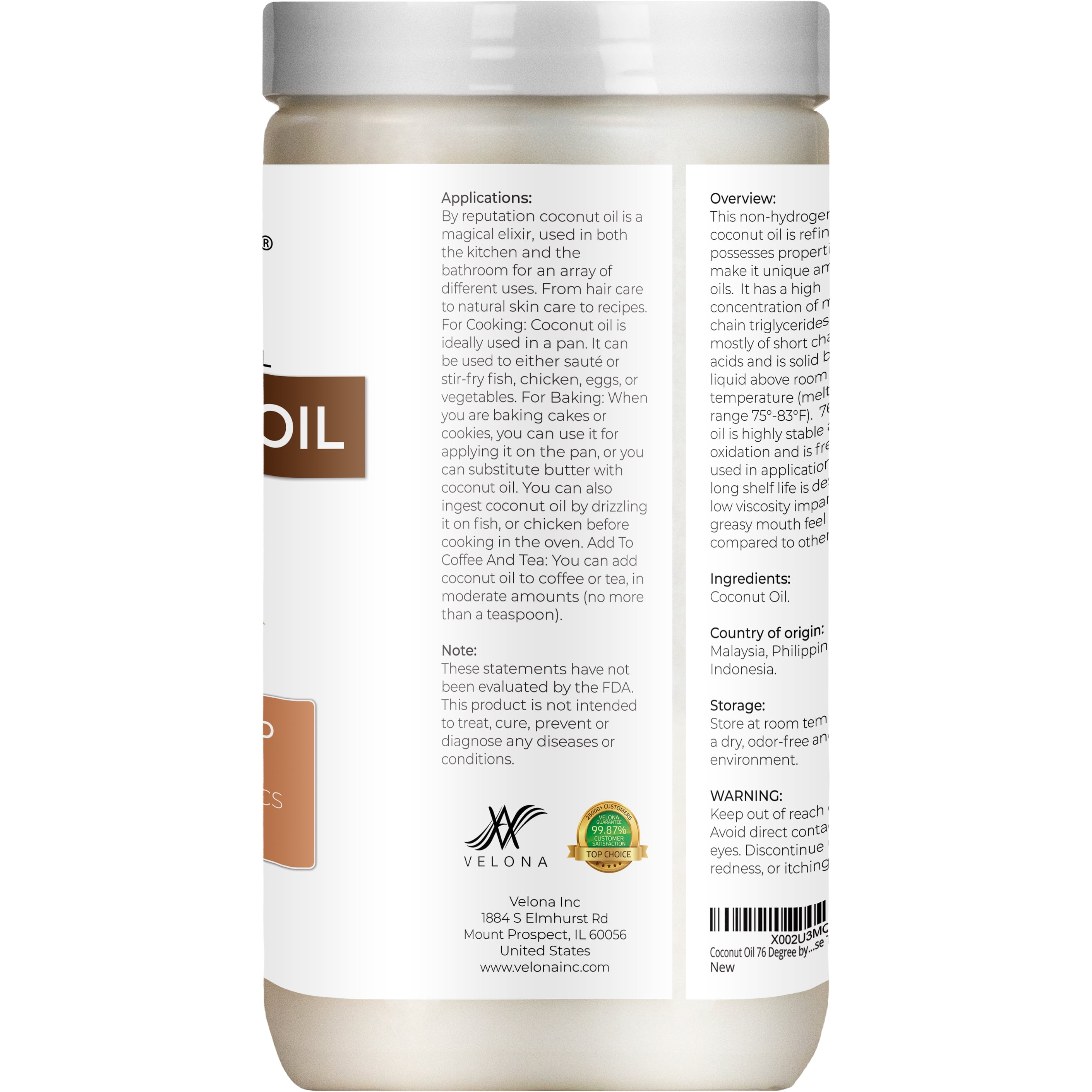 Coconut Oil 76 Degree by Velona - 32 Fl Oz | 100% Pure and Natural Carrier Oil | in jar | Refined, Cold pressed | Skin, Face, Body, Hair Care | Use Today - Enjoy Results