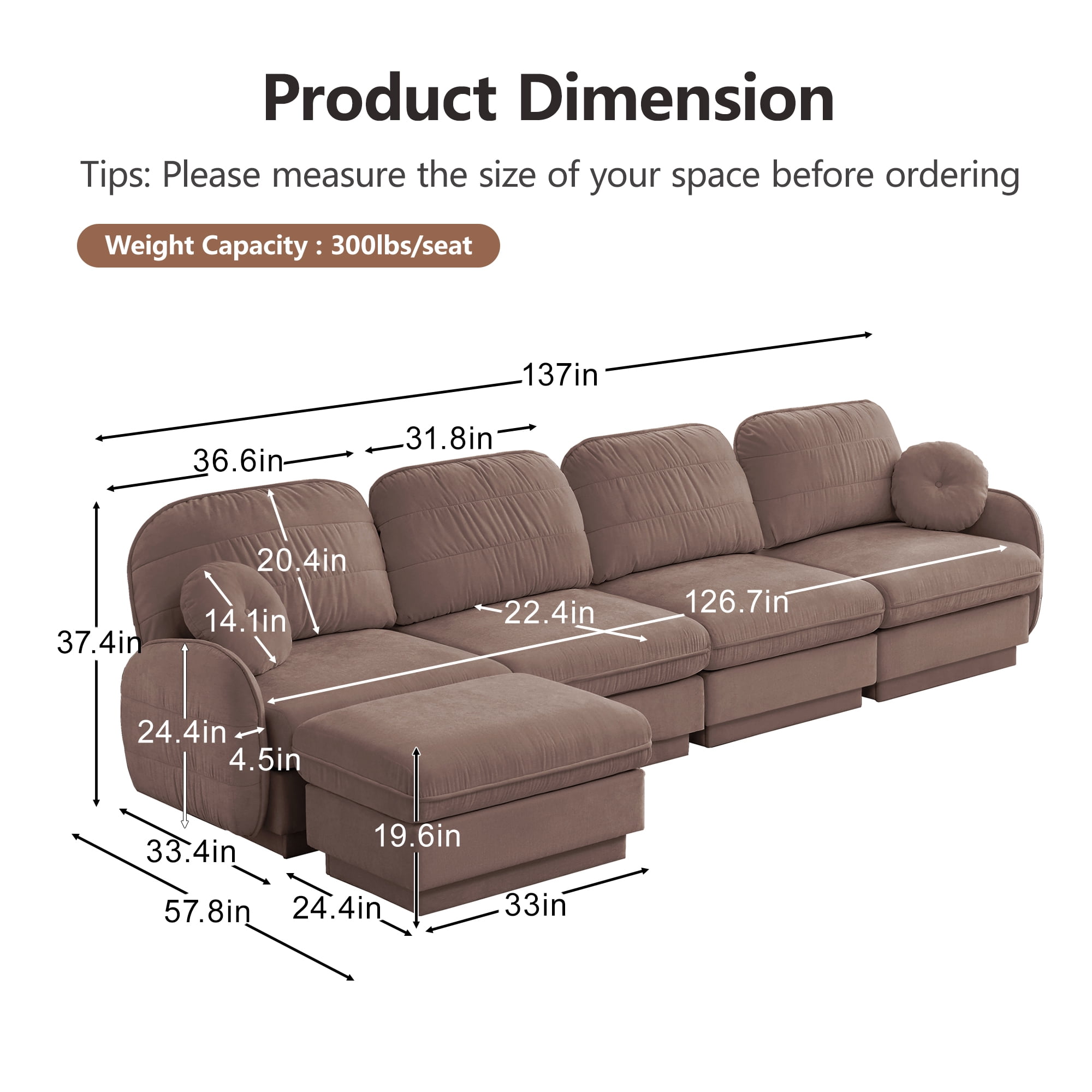 Mintazer 137" Chenille Cloud 4-Seater Modular Sectional Sofa with Movable Ottoman & Round Pillows, L-Shaped Ergonomic Sofa Couch for Living Room, Apartment, Rose Dust