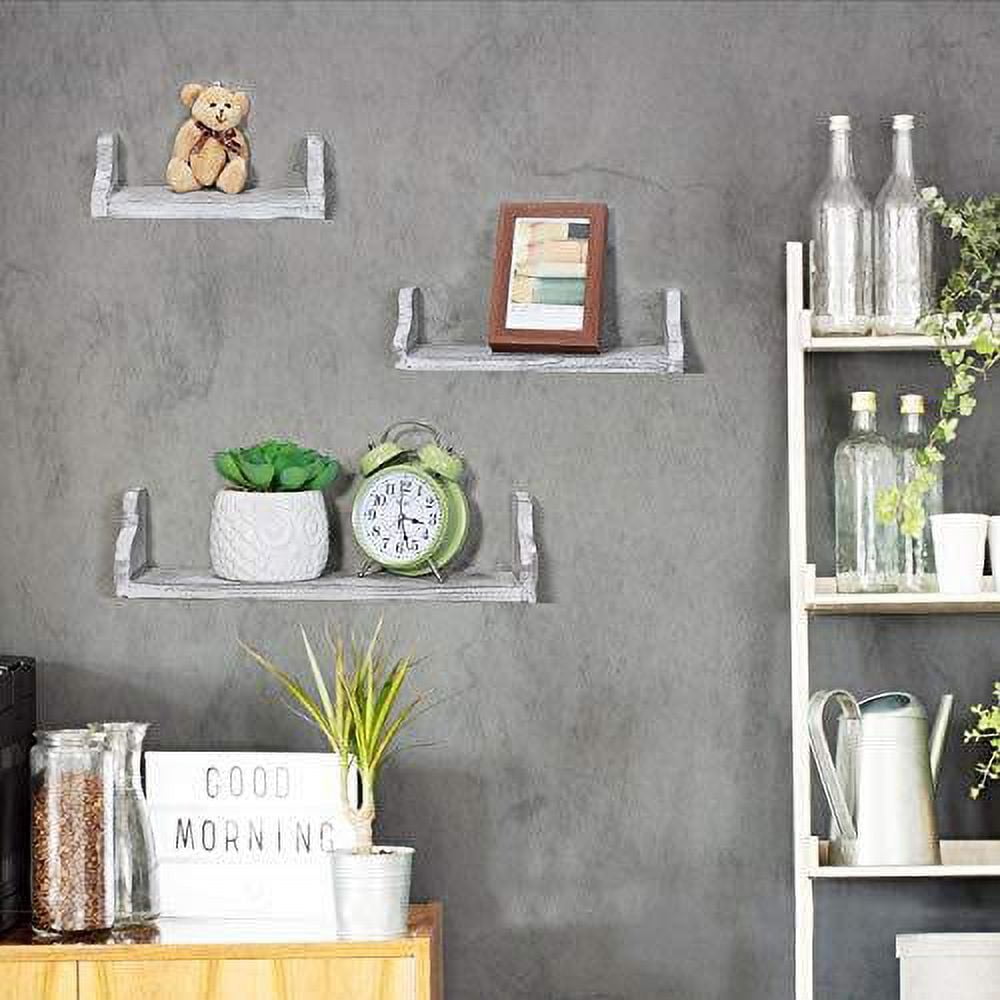 NEX Floating Wall Shelves Metal Brackets Wall Mounted Rustic Wood Shelves Set of 3 Pale Gray (NX-HK87-39)