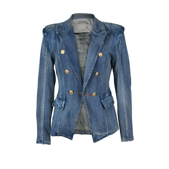 Homenesgenics Jackets for Women under $10.00 Women's Casual Solid Color Denim Slim Double Breasted Button Denim Suit Jacket Blue S