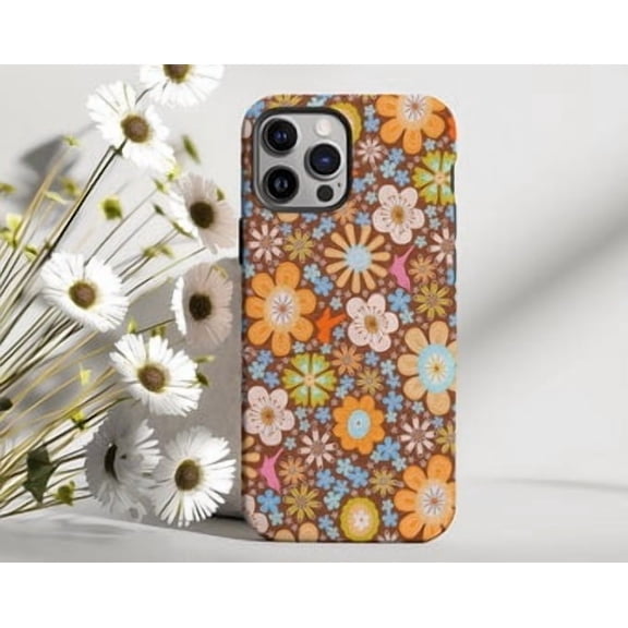 Protective iPhone Case Groovy Retro Floral Phone Case Seventies Indie Aesthetic Cottagecore IP15 Magnetic MagSafe Compatible
