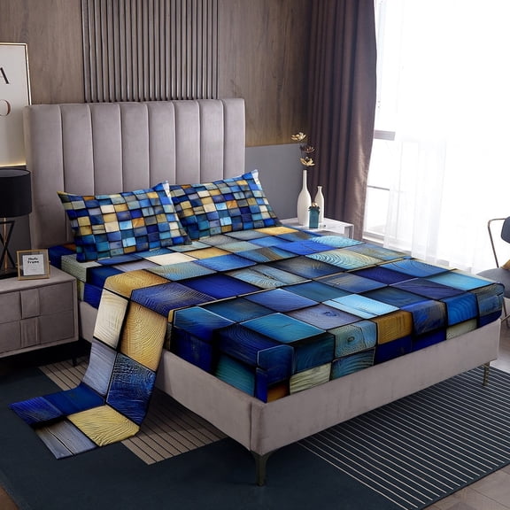 Erosebridal Navy Blue Grid Buffalo Twin Sheet Sets, Geometry Brown Plaid Checkered Bedding Twin Size 3-Piece