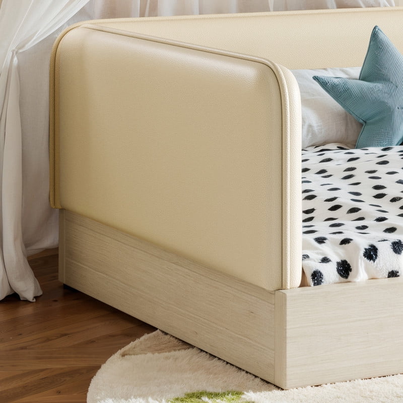 Twin Size Faux Leather Upholstered Floor Bed, Kids Montessori Bed Frame with Removable Guardrail, Low Profile Platform Bed