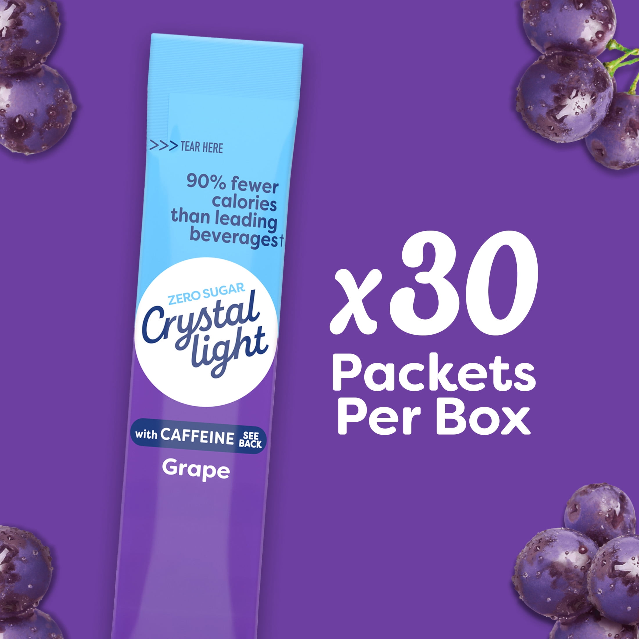 (2 pack) Crystal Light Drink Mix with Caffeine, 30 Packets, for Convenient On-the-Go Flavorful Hydration, Grape Natural Flavor with Other Natural Flavor, Zero Sugar, 3.35 oz