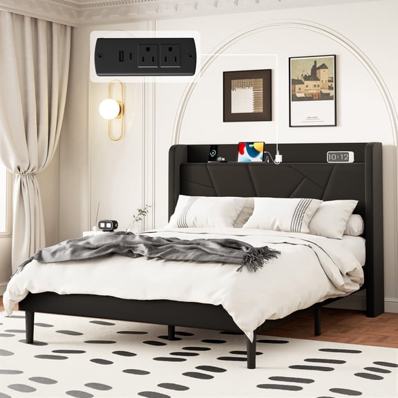 Kvrumxec Queen Bed Frame with Charging Station, Modern Upholstered Platform Bed, Black