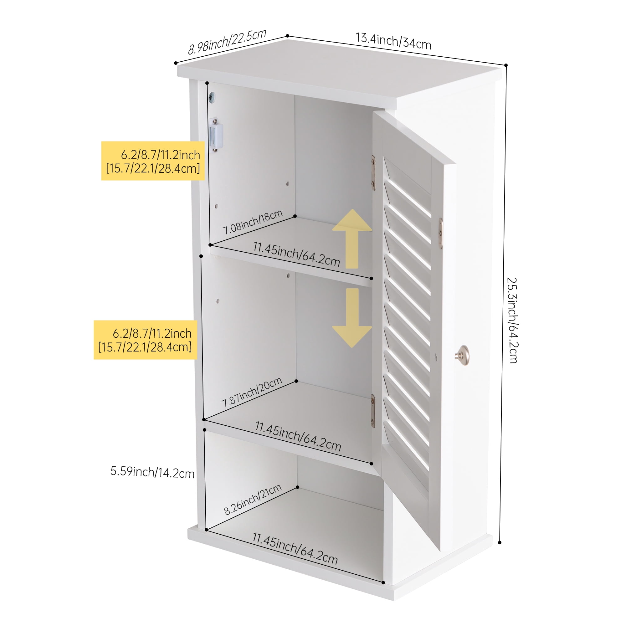OONNEE Slim Medicine Cabinet, 3 Tier Hanging Cabinet with Single Louvered Door, Open Shelf,  Small Wall cabinet for Home Bathroom Bedroom Laundry, White