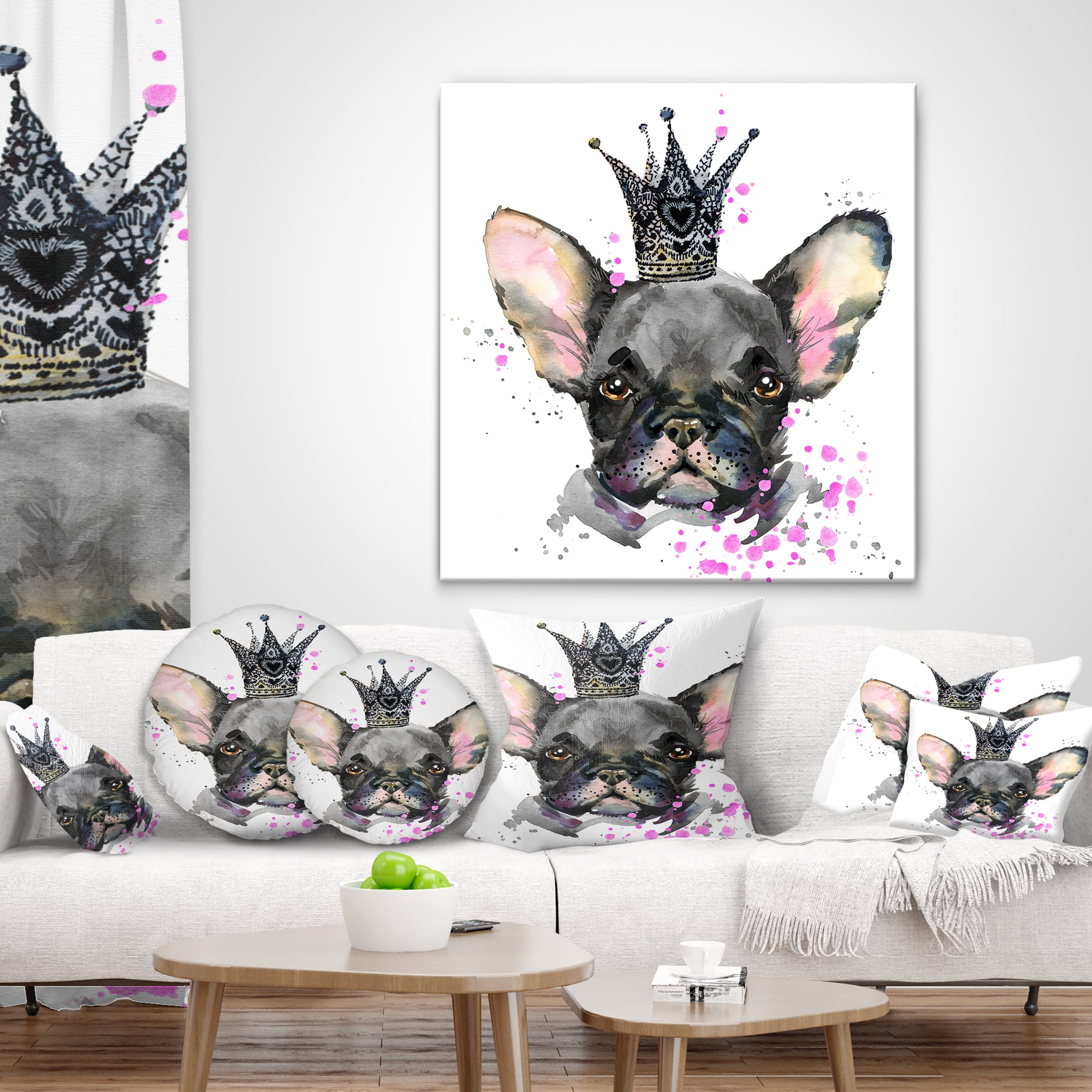 Designart Cute Black Dog with Crown - Animal Throw Pillow - 12x20