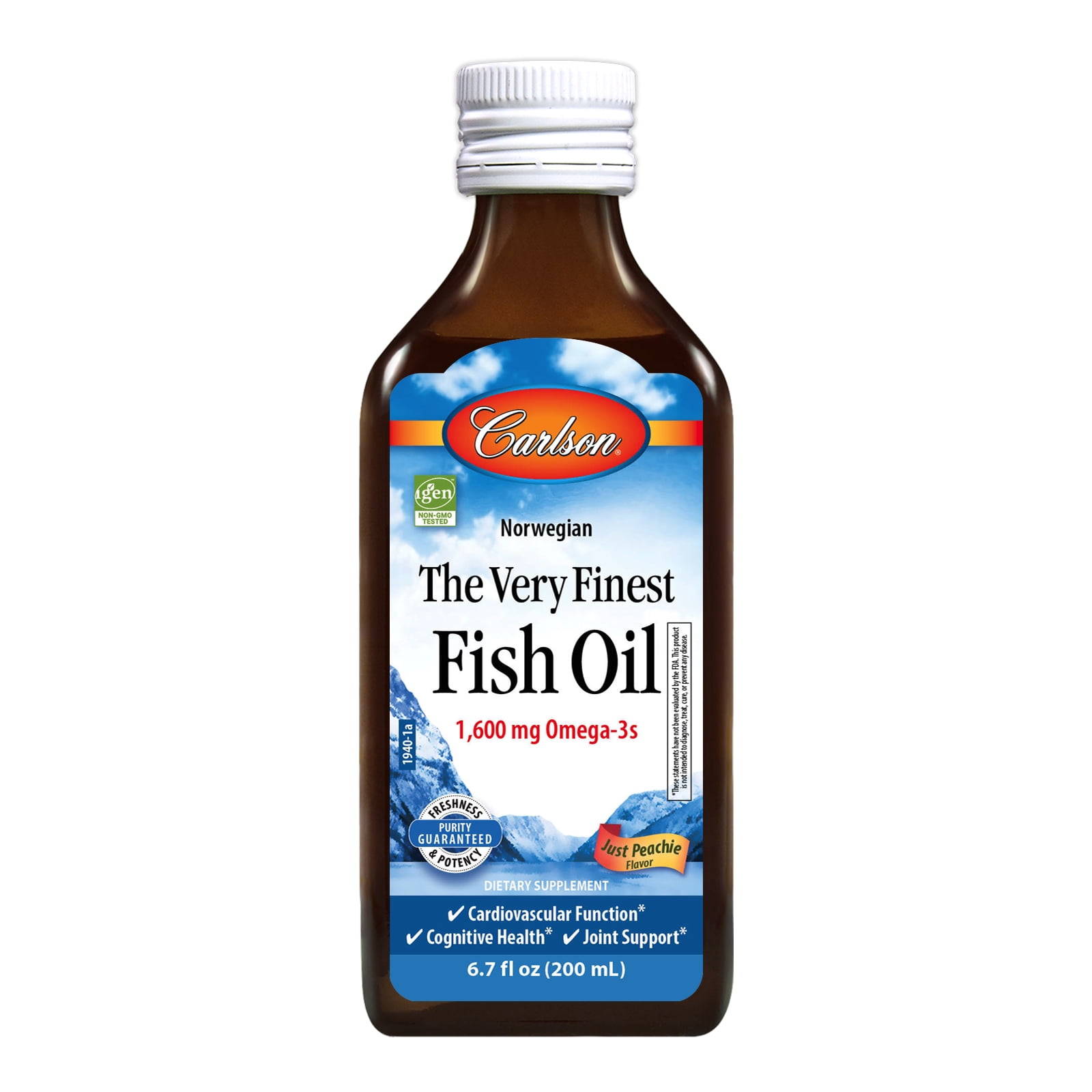 Carlson - The Very Finest Fish Oil, 1600 mg Omega-3s, Norwegian, Wild Caught, Sustainably Sourced, Just Peachie, 200 mL (6.7 Fl Oz)