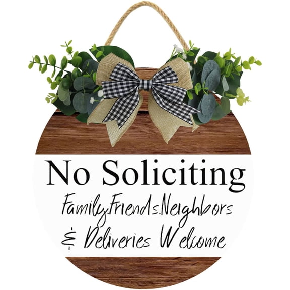 Eveokoki 12" No Soliciting Family Friends Neighbors Welcome Quote Sign Plaque, Funny Rustic Wooden Front Door Sign Hanging, Vintage Outdoor Wall Art Sign Hanger For Porch
