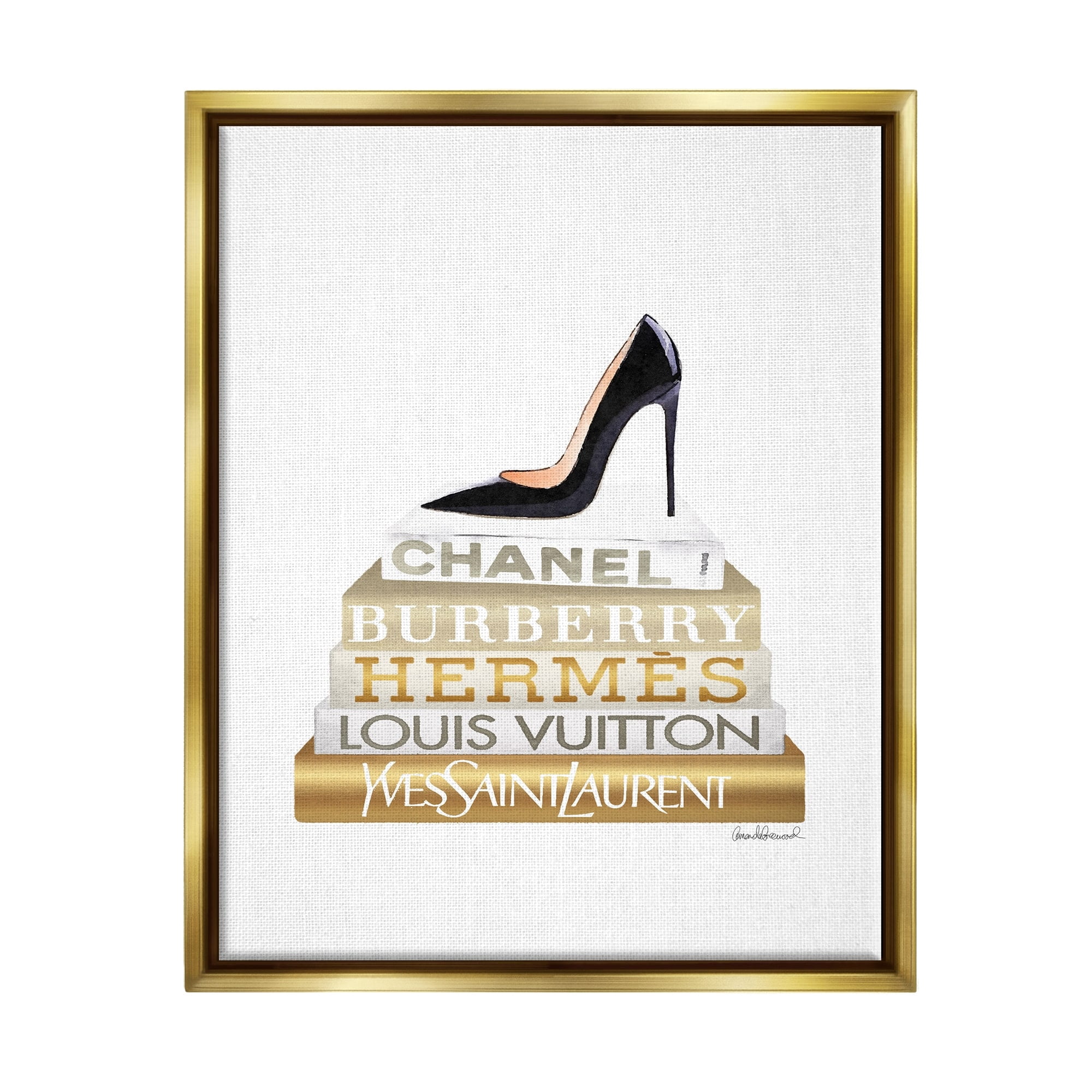 Stupell Industries Black Heels Gold White Bookstack Glam Fashion Design Metallic Gold Framed Floating Canvas Wall Art, 16x20, by Amanda Greenwood