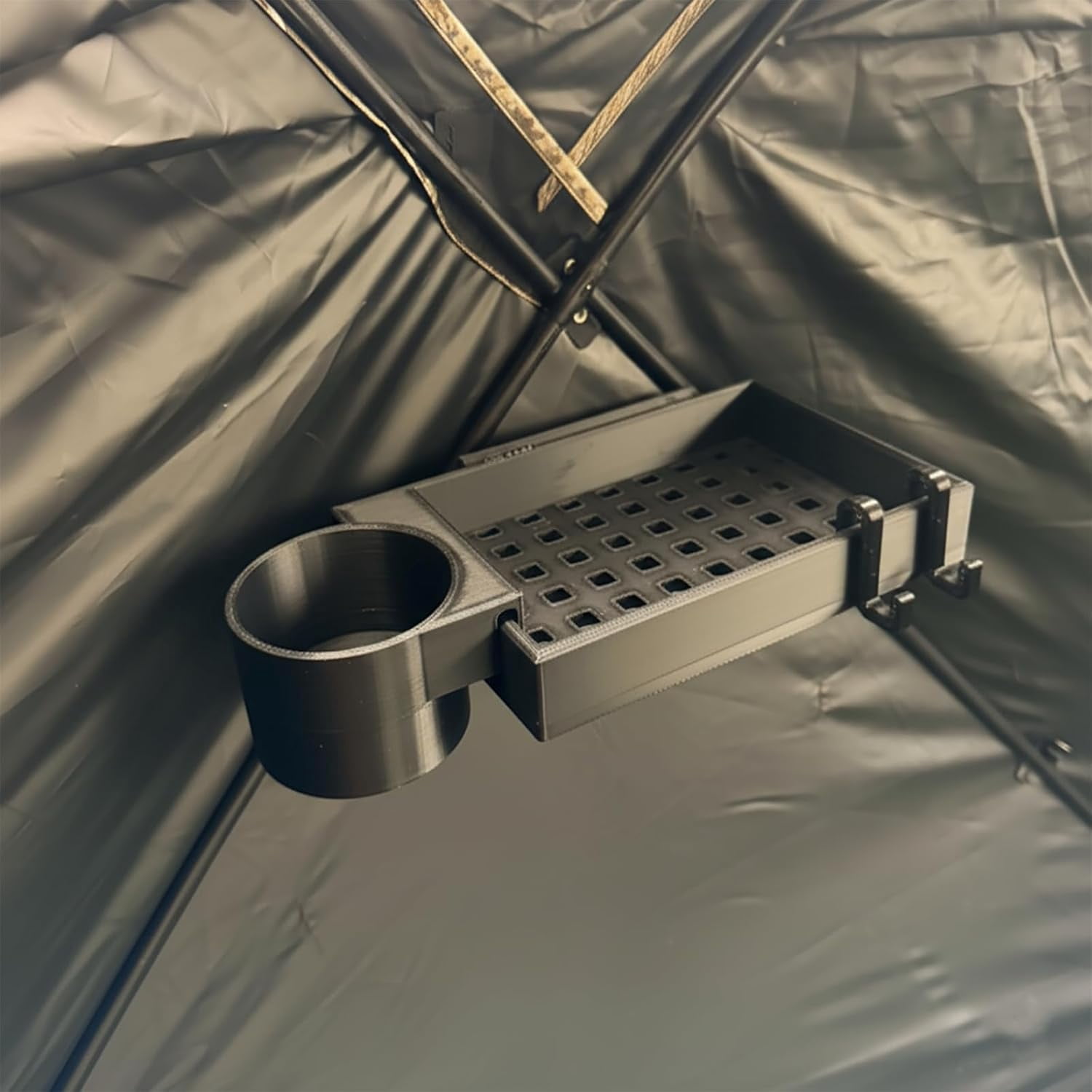 Hub-Style Ground Blind Shelf, Fits Hub Hunting Blinds Organizer Tray, 7.5x5 Inch Gear Shelf Holds 15 lbs Fits 9mm 9.5mm Poles Outdoor  Hunting, with Drink Holder & Gear Hooks