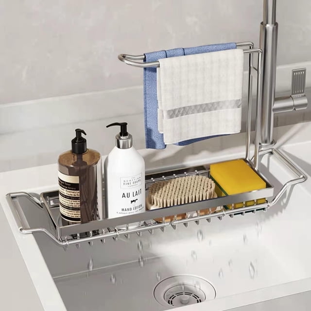 Organizador para fregadero de cocina, soporte de almacenamiento para esponja, paño, cepillo, líquido para lavavajillas, organizador de drenaje telescópico en acero inoxidable plateado-plateado brillar Electrónica