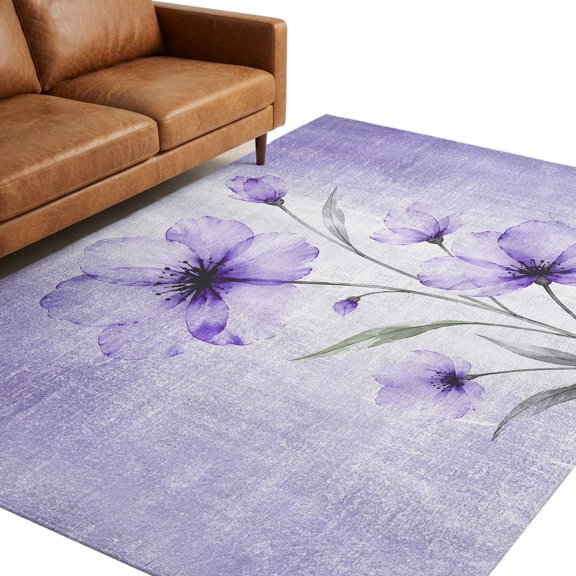 Bohemian Translucent Floral Area Rug 5x7ft Shabby Chic Purple Flower Non-Slip Washable Rectangle Rugs Soft Felt Indoor Floor Mat for Bedroom Kitchen Living Room Bathroom