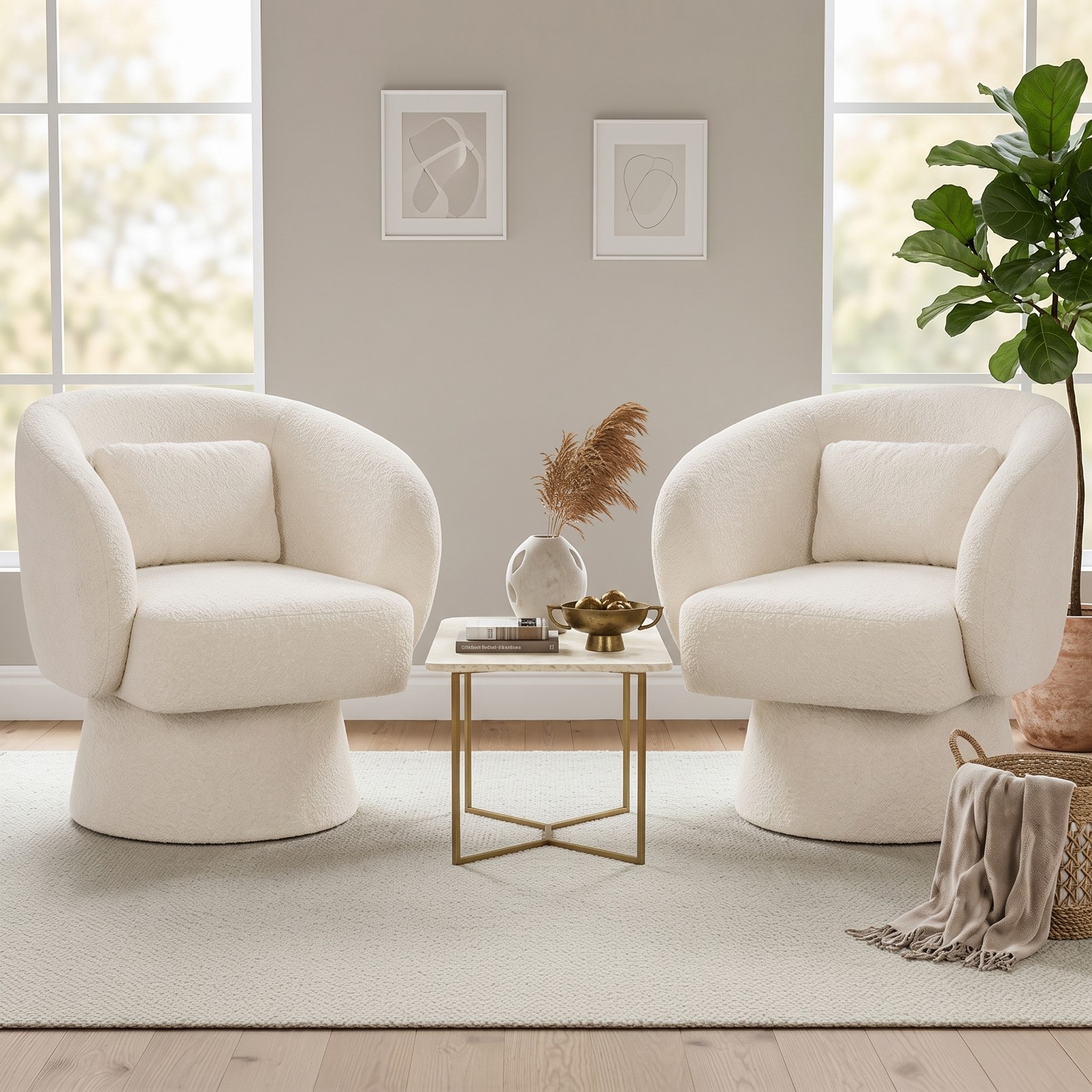 Furnibear Upholstered Barrel Accent Chair, Swivel Curved-Back Chair with Removable Lumbar Pillow and Non-Slip Base for Living Room Bedroom Office, 400 lbs, Beige