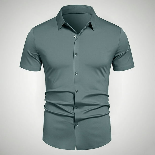 pstuiky camisetas para hombre, Camisa informal de negocios de color liso con solapa y botones de manga corta para hombre camisetas de hombre l
