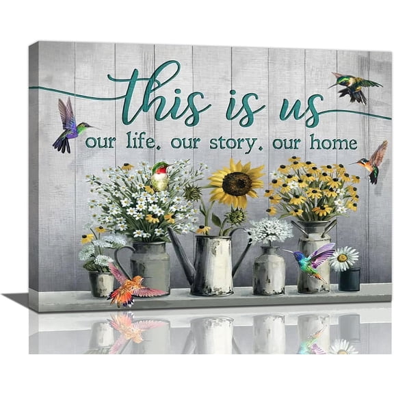 Farmhouse Hummingbird Sunflower Wall Art Hummingbird Pictures Wall Decor This is Us Our Life Inspirational Quotes Canvas Painting Print Modern Decor Artworks for Bathroom Bedroom Living Room 16"x12"