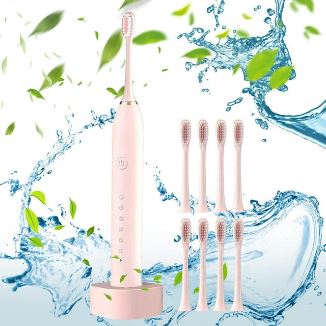 Xihbxyly Cepillo de Dientes Eléctrico de Alta Frecuencia, Vibración de 32000 Rpm, 8 Cabezales, 6 Modos de Limpieza, Recargable Por Usb, Incluye Estuche de Viaje, para Adultos y Familias, Diseño Compa
