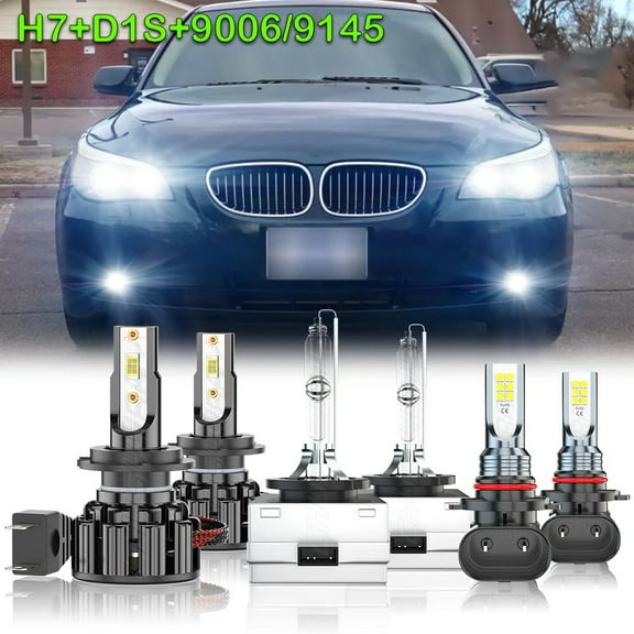 For BMW 525i 530i 2006 2007 H7 D1S LED/HID Headlight High Low Beam   9006 Fog Light Bulbs Kit White 6x