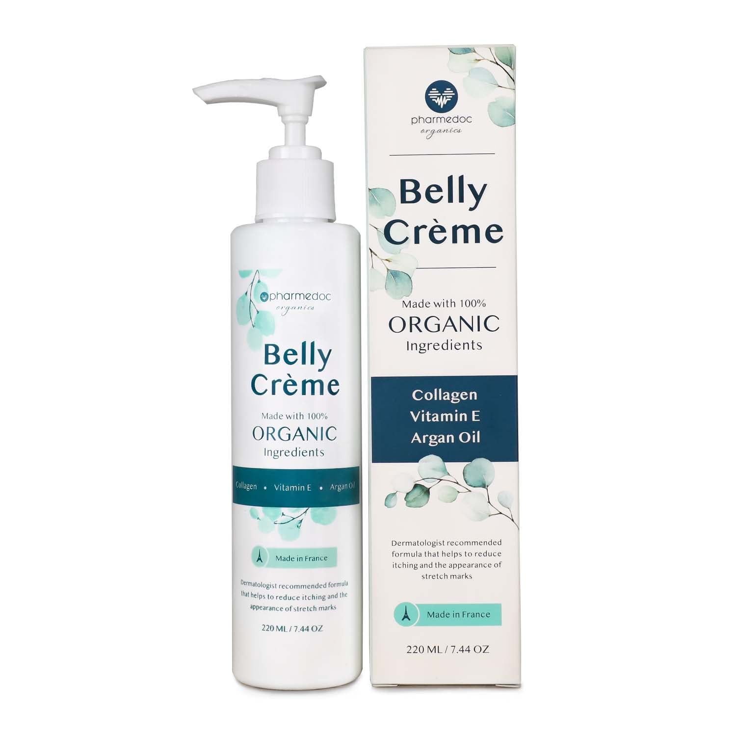 PharMeDoc Organics - 7.44oz Belly Butter Cream made with 100% Organic Ingredients - Made in France - Organic, Argan Oil - Stretch Mark Cream for Pregnancy