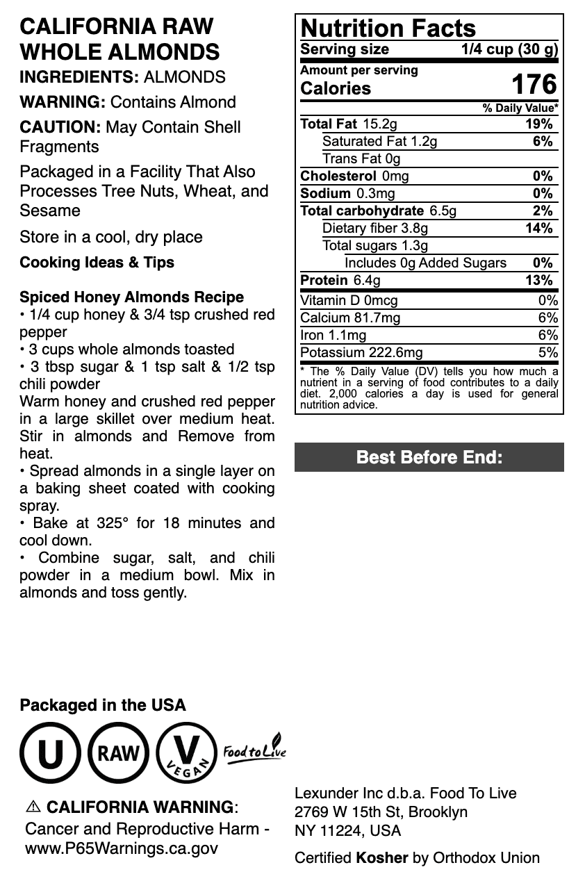 Food to Live, California Almonds, 3 Pounds, Raw
