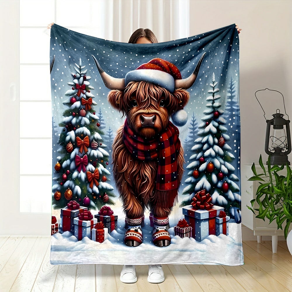 Cozy Christmas Highland Cow Flannel Throw Blanket - Soft, Reversible, 100% Polyester Non-Woven, Digital Print, All-Season, Contemporary Home Decor with Santa Hat Design