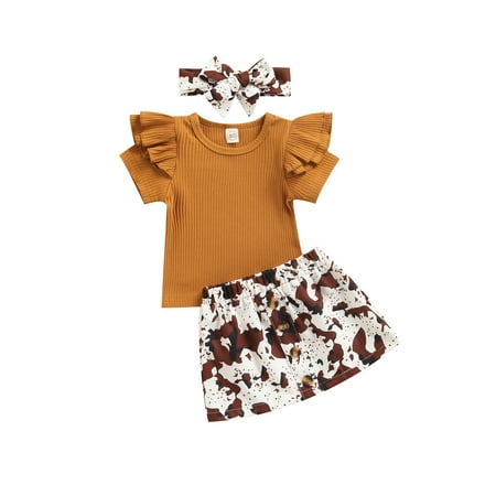 

LSFYSZD Baby Girls Tops Skirt Suits Girls Short Sleeve Crew Neck Ruffle Shirt Casual Leopard Skirt + Headband Sets Kids Summer Clothing