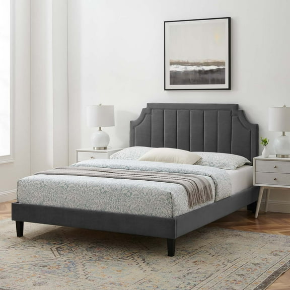Modway Sienna Performance Velvet Queen Platform Bed in Charcoal