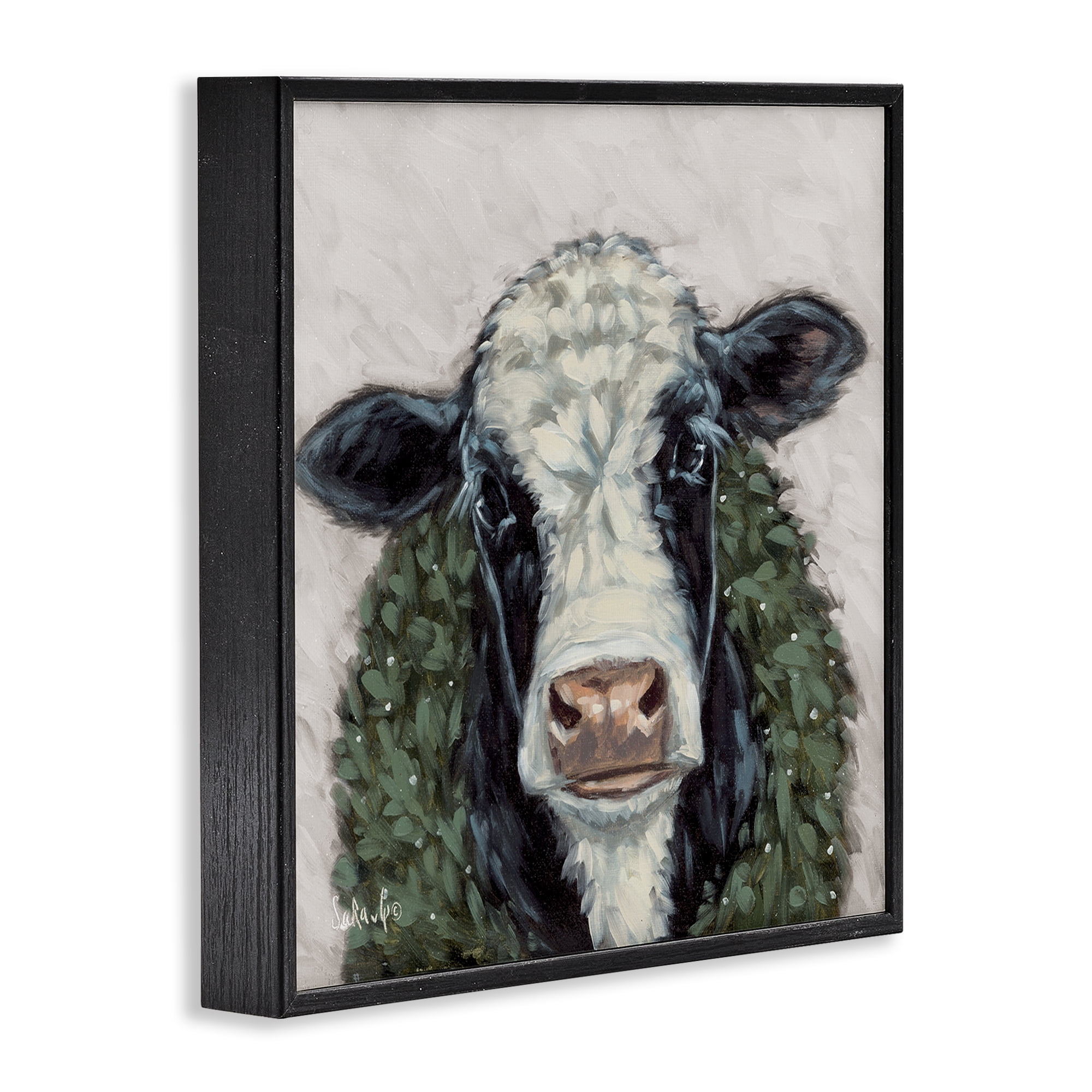 Stupell Industries Spotted Cow with Wreath Holiday Painting Black Framed Art Prints Wall Art, 12 x 12